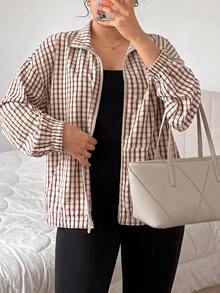 SHEIN EZwear 大尺碼女款格紋立領夾克，都市文藝街頭風，休閒時尚，創意個性街頭穿搭秋季款 - 彩色 - 查看 4