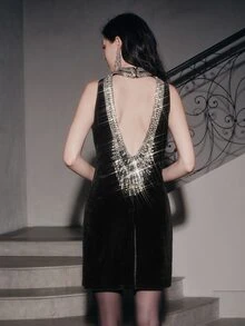 Anewsta Affair Gaun Malam Wanita Tanpa Lengan Berhiaskan Rhinestone yang Mempertegas Pinggang, Romantis dan Elegan - Hitam - View 2