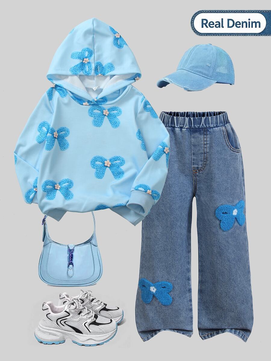 Elladie kids 女童(小號)粉色蝴蝶結印花連帽衛衣與藍色水洗牛仔寬腿褲套裝,甜美3D毛絨蝴蝶結2件套,秋季日常、週末出遊,柔軟可愛女童服飾,返校穿搭 - 藍色 - 查看 1