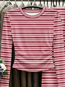 Tween Girls Stripe Long Sleeve Top & Wide Leg Pants Set, Pink & Burgundy (2 Pcs) Fall Winter - Multicolor - View 4