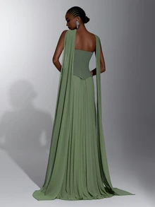Elitara Elegant Army Green Knit Chiffon 2 In 1 Bandeau A-Line Pleated Dress With Flutter Sleeves For Women's Formal Evening Party - Army Green - View 3