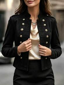 SHEIN Franclia Women Fall Winter Faux Suede Military Cropped Jacket Stand Collar Double Breasted Gold Button Shoulder Epaulets Vintage Open Front Short Coat Outerwea - Black - View 5
