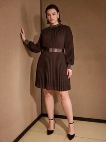 MOTF PREMIUM PLUS SIZE RUCHED WAIST SHORT DRESS, AUTUMN/WINTER - Mocha Brown - View 3