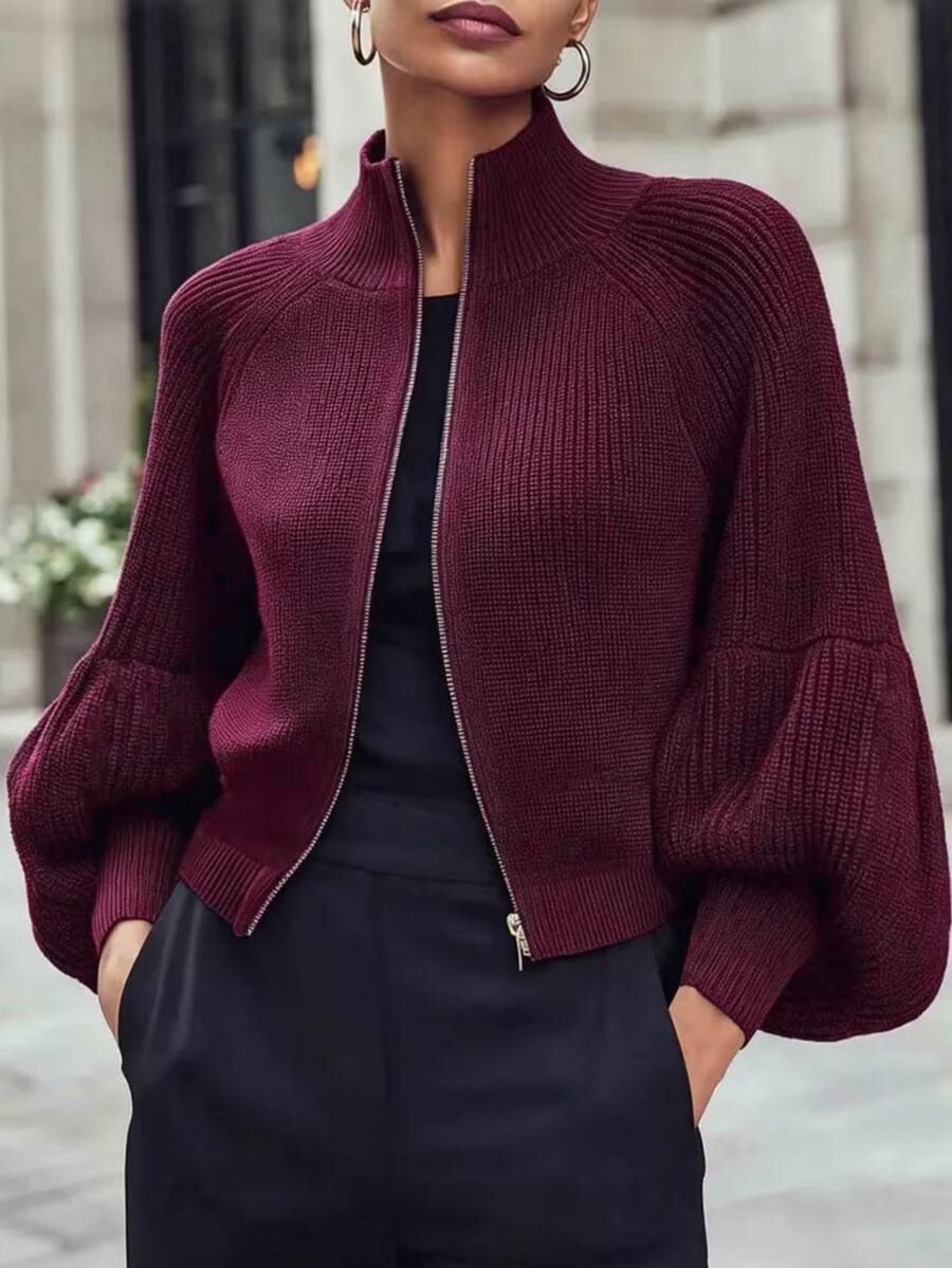 RosyDaze Wine Red Stand Collar Zipper Short Knit Cardigan Plus Size Women's Lantern Petal Sleeve Raglan Sleeve Ribbed Sweater Jacket Autumn/Winter - Burgundy - View 1