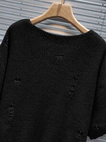 Manfinity CasualKnits 男士純色圓領落肩長袖做舊休閒毛衣，男孩秋冬日常新款 - 黑色 - 查看 6