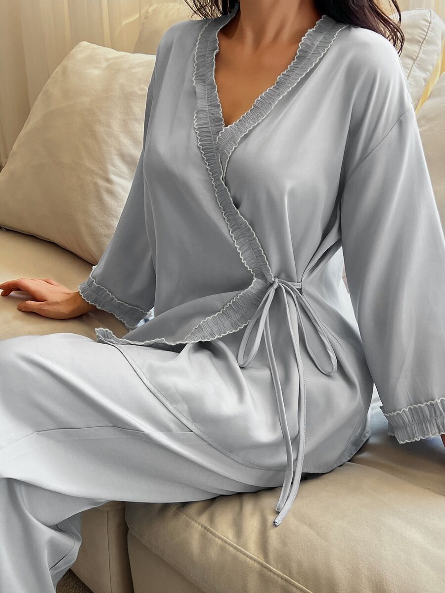 DAZY 2pcs/Set Women's Lace Patchwork Asymmetric Front V-Neck Long Sleeve Top & Straight Leg Long Pajama Pants Sleepwear Set - Baby Blue - View 1