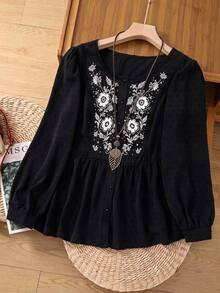 Rusticease Plus Size Vintage Jacquard Button Long Sleeve Shirt For Vacation - Black - View 2