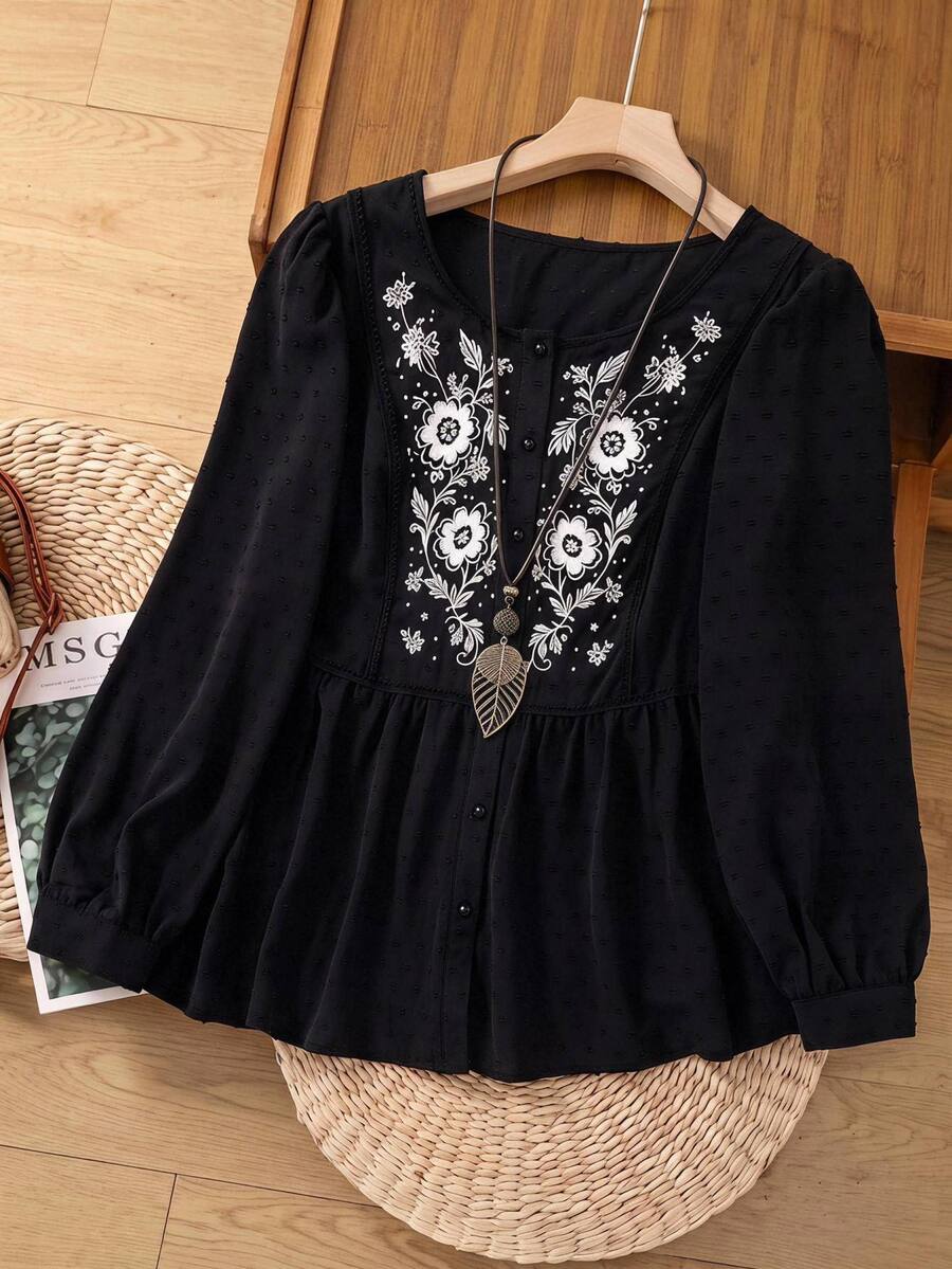 Rusticease Plus Size Vintage Jacquard Button Long Sleeve Shirt For Vacation - Black - View 1