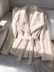 SHEINBlues Women's Textured Jacquard Plush Tie-Front Jacket - Apricot - View 4
