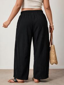 Enliva Plus Size Cotton Blend Drawstring Loose Pants With Pockets Compatible With Apple Body Round Body - Black - View 2