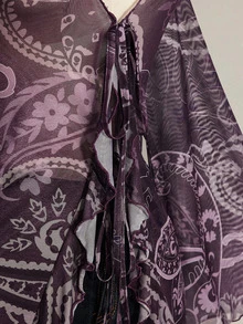 SHEIN ICON 女款大尺碼佩斯利印花前綁帶喇叭袖高低下擺上衣 - 紫色 - 查看 9