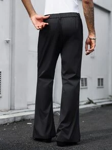 Major Grit 男士開衩褲腳串珠喇叭西裝褲，商務休閒長褲，直條紋喇叭褲，萬聖節禮物，送給男友或丈夫的首選 - 黑色 - 查看 2
