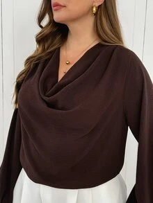 Shapeblank Plus Size Women's Draped Neck Solid Color Blouse Suitable For Dating, Vacation, Party, Daily Outings, Gatherings, Outdoor Activities - Brown - View 7