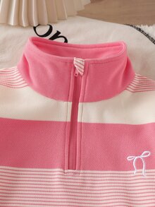 SHEIN 女童 2 件套 秋季白色棕色半拉鍊 T 恤 + 蝴蝶結刺繡寬腿褲，舒適針織面料，寬鬆休閒西式版型，7 歲生日 - 粉色 - 查看 6