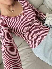 CovetEZ 女款春夏棉混紡紅色條紋半拉鍊T恤 - 紅色 - 查看 4