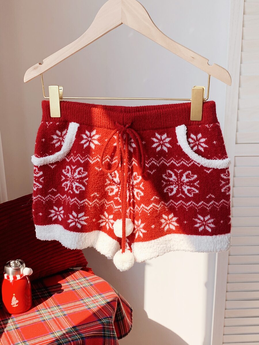 Comfortcana Women's Sweater Shorts With Pockets, Drawstring, Snowflake Pattern And Pom Poms, Christmas Lounge Holiday Red Summer Cute Casual - Red - View 1