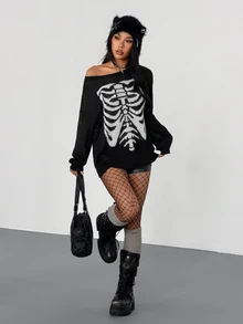 SHEIN ICON Women's Cold Shoulder Skull Pattern Fashion Sweater - Black - View 4