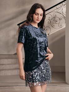 Anewsta Women's Glitter Diamond Velvet Hand-Stitched Floral Embroidered Top - Royal Blue - View 6