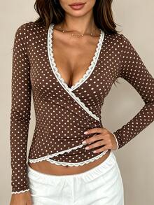 INAWLY Women's French Lace Patchwork Polka Dot Blouse - Coffee Brown - View 4