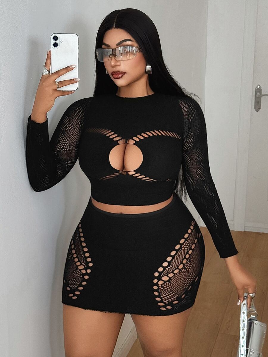 Maweii Plus Size Women Solid Color Hollow Out Long Sleeve Top And Mini Skirt Fashion Set - Black - View 1