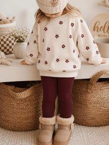 Baby Girls Versatile Cute Sweet Mini Cartoon Floral Pattern Crew Neck Sweatshirt & Brushed Leggings Set, Autumn/Winter Daily, Holiday, Christmas Outfit - Multicolor - View 5
