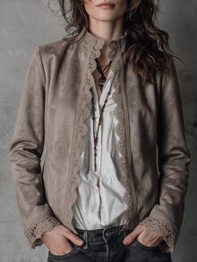 Solivie Women's Solid Color Contrast Lace Open Front Elegant Jacket - Mocha Brown - View 4