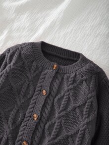 SHEIN 女童純色針織圓領花瓣袖休閒開襟外套 秋冬毛衣 - 灰色 - 查看 7