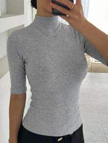 DAZY 女款高領修身短袖休閒T恤 - 淺灰色 - 查看 5