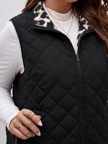 Lounesse Jaket Musim Dingin Tanpa Lengan Kasual Wanita Ukuran Besar Motif Leopard dengan Lapisan Dalam dan Resleting Depan, Mantel Kasual untuk Harian Wanita, Mantel Kerja Kasual Musim Gugur/Musim Dingin - Hitam - View 7