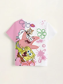 SpongeBob SquarePants | SHEIN Young Girl Cartoon Print Casual Daily Short Sleeve T-Shirt - White - View 4