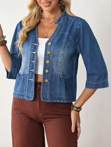 EMERY ROSE Women's 3/4 Sleeve Single-Breasted Casual Denim Jacket - Blue - View 4