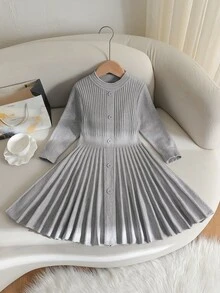 Young Girl Round Neck Long Sleeve Button Sweater Dress - Grey - View 1
