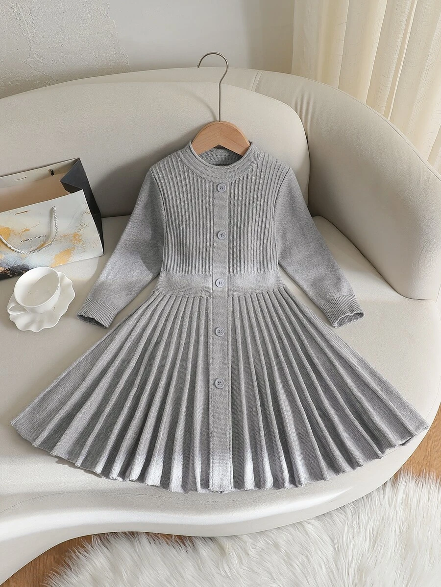 Young Girl Round Neck Long Sleeve Button Sweater Dress - Grey - View 1