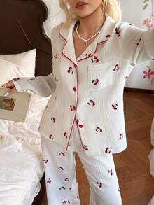 CottageSlumber Women's 100% Cotton Embroidered Cherry Print Open Front White Pajama Set - White - View 6