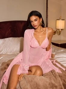 Slumberist طقم ملابس نوم نسائي مثير من الدانتيل والشبك الشفاف بتصميم باتشورك ولون سادة حلو - وردي - مشاهدة 3