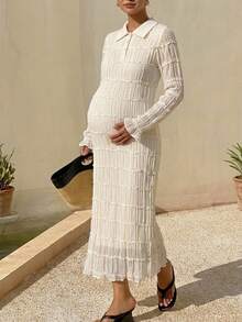 DAZY Solid Color Textured Fabric Long Sleeve Dress, Elegant Vacation Korean Style Spring/Autumn Maternity Dress - Beige - View 4