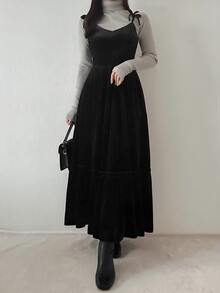 FRIFUL Gaun Berlapis Model Vintage Fashion Wanita dengan Tali Pengikat, Gaya Preppy - Hitam - View 6