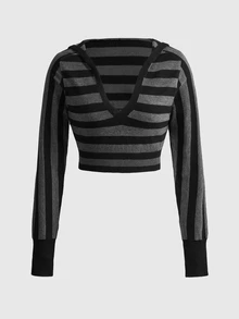ROMWE Street Life Women's V-Neck Long Sleeve Striped Knit Top - Dark Grey - View 1
