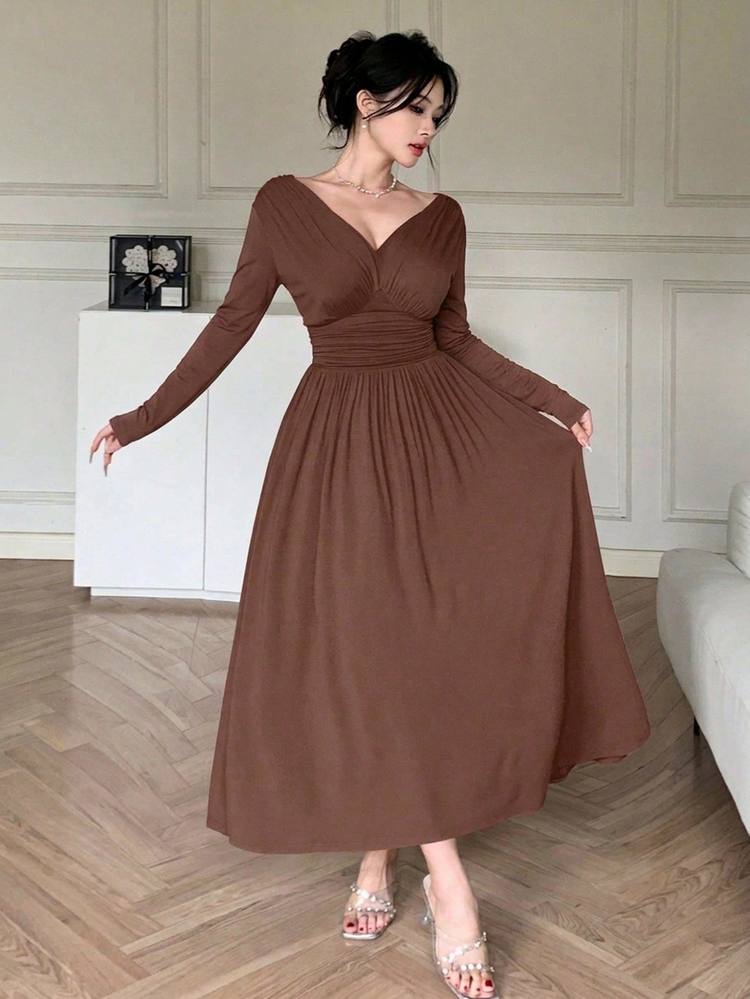 DAZY Autumn/Winter V-Neck Coffee Color Ruched Waist A-Line Full Skirt Drape Elegant Date/Commute Women's Midi Dress - Brown - View 3