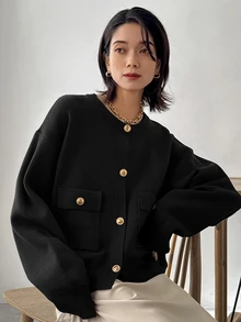 FRIFUL 女款休閒鈕扣口袋設計長袖開襟衫 - 黑色 - 查看 1