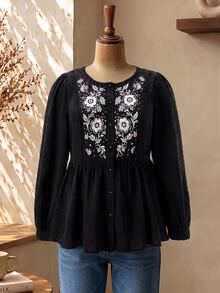 Rusticease Plus Size Vintage Jacquard Button Long Sleeve Shirt For Vacation - Black - View 4
