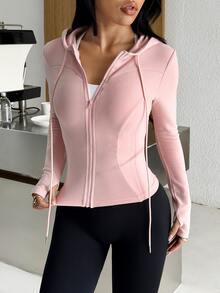 Muchica Women's Pink Slim Fit Hooded Zip Up Cropped Brushed Sports Jacket Gym Jacket Workout Jacket Yoga Jacket Sportswear Activewear Breathable Fall Winter - Coral Pink - View 6