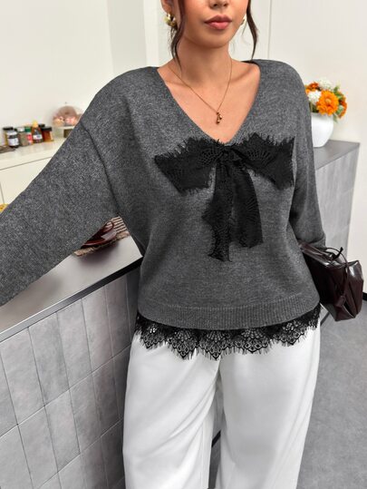Firerie Plus Size Women's Fashion Elegant Lace Patchwork Bow V-Neck Grey Sweater Pullover Drop Shoulder Long Sleeve Casual Versatile Daily Autumn/Winter Top