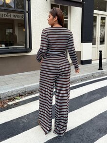 Muchica Plus Size Women's Button Design Striped Long Sleeve T-Shirt And Wide Leg Pants Casual 2 Pieces Set - Multicolor - View 2