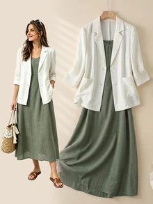Rusticease Women's Plus Size Casual Minimalist Solid Color Camisole Dress And Blazer 2 Pieces Set - Multicolor - View 1