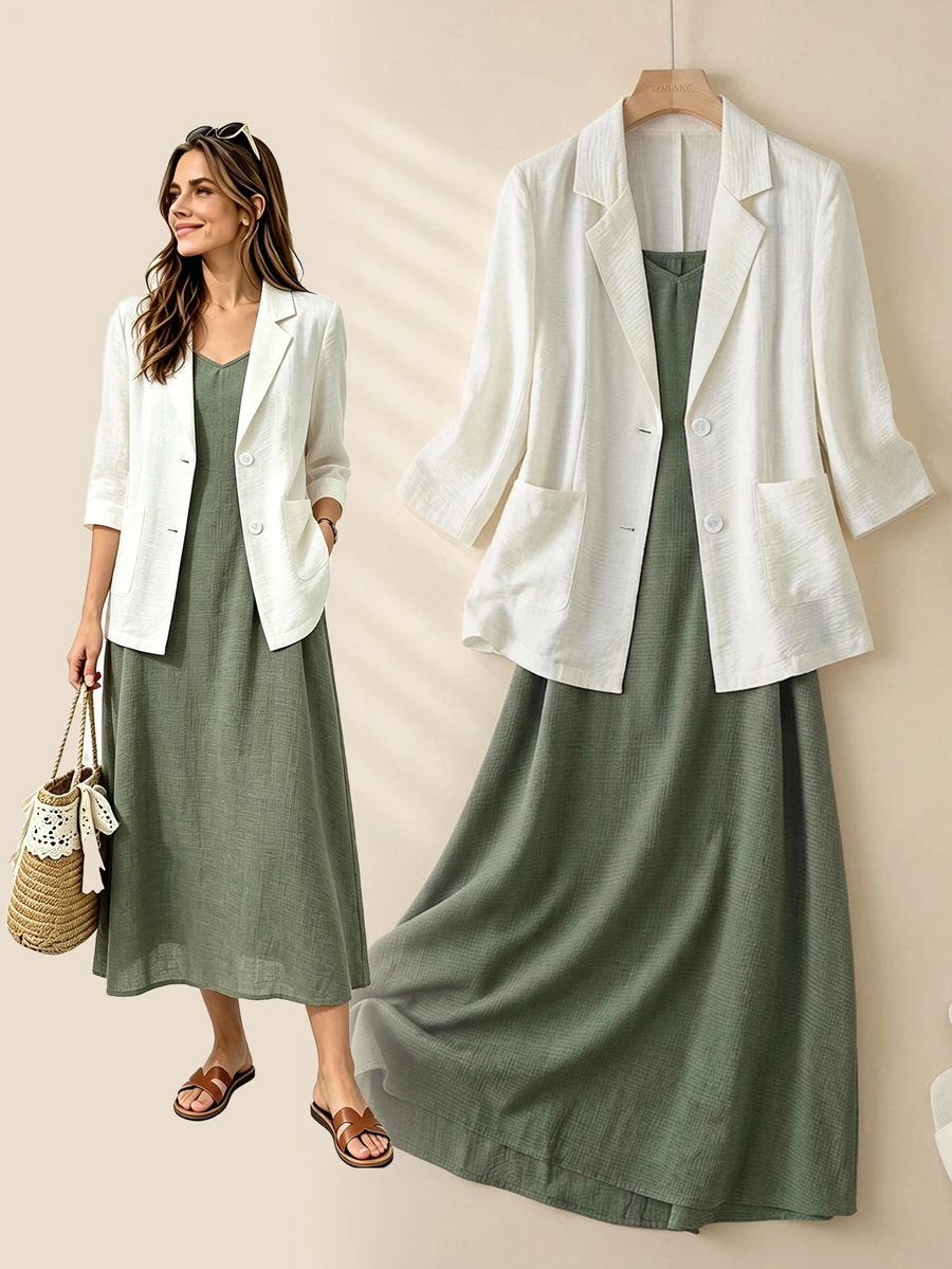 Rusticease Women's Plus Size Casual Minimalist Solid Color Camisole Dress And Blazer 2 Pieces Set - Multicolor - View 1