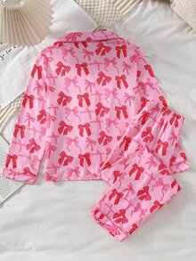 Tween Girl Allover Bow Print Pajamas Set - Pink - View 3
