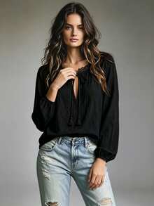 LUMIGAL Women's Keyhole Neckline Lace Patchwork Bowknot Casual Fashion Long Sleeve Blouse - Black - View 7