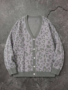 Manfinity Homme 男士豹紋單排扣休閒日常時尚長袖開襟衫，男孩秋冬日常新款 - 灰色 - 查看 4