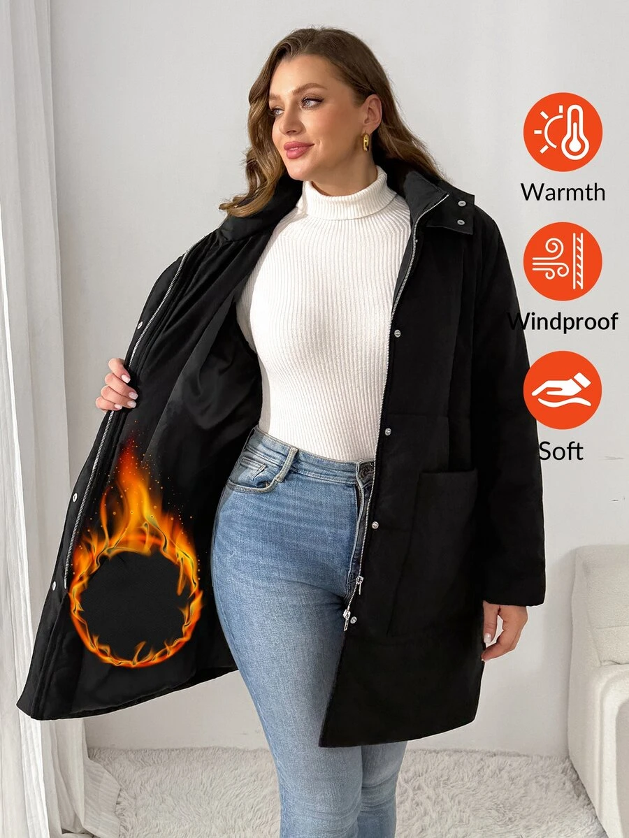 Shapeblank معطف نسائي مقاس كبير أسود متوسط الطول بغطاء رأس – كاجوال، فضفاض، مريح ودافئ للارتداء اليومي في الشتاء، معاطف، أسلوب بسيط، ملابس